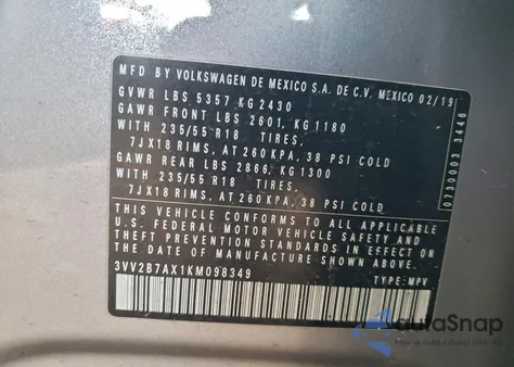 2019 Volkswagen Tiguan Se z USA, uszkodzony, nr VIN 3VV2B7AX1KM098349